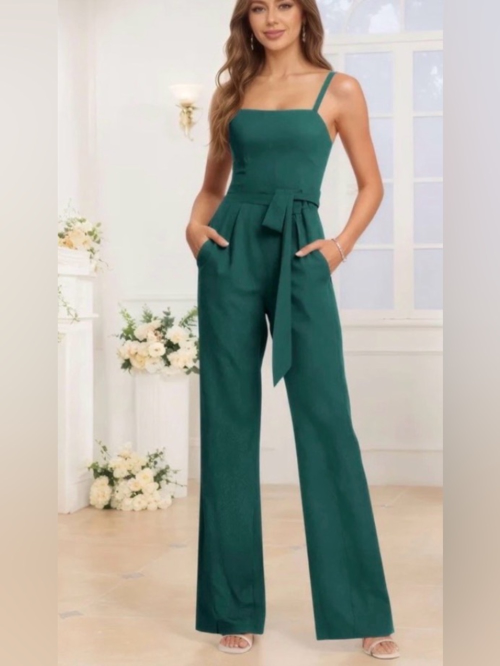 Pomuyoo Teal Chiffon Jumpsuit (With Pockets)
